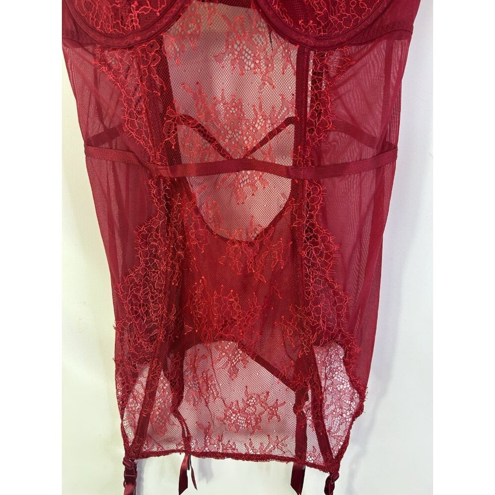 Vintage Y2K Victorias Secret womens 36D Red Lace Sheer Corset Bustier Romantic - Picture 3 of 10